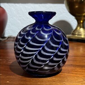 Hand-blown cobalt blue and white swirl art glass vase
